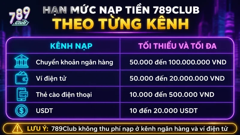 Hạn mức nạp tiền 789Club tối thiểu và tối đa theo từng kênh