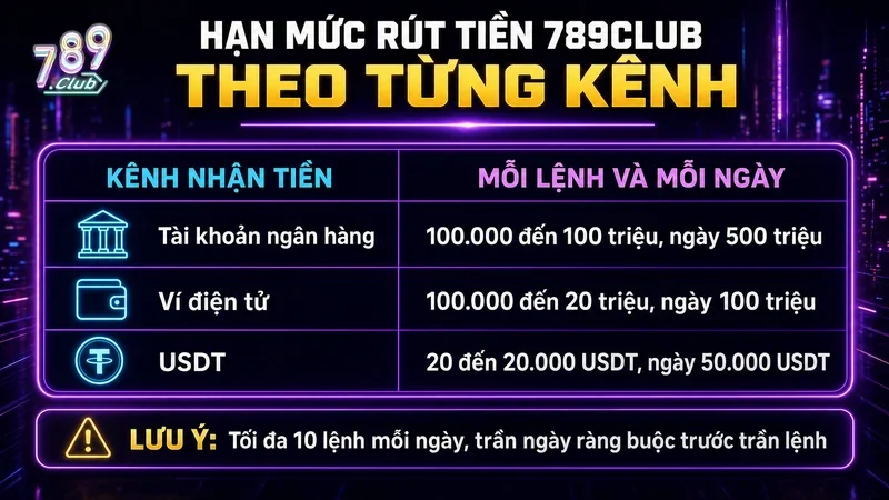 Hạn mức rút tiền 789Club tối thiểu, tối đa mỗi lệnh và mỗi ngày